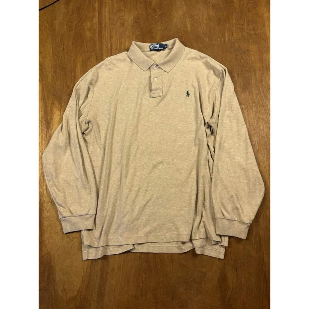 Polo Ralph Lauren Polo Shirt Men's‎ XL Tan Beige Long Sleeve Green Pony Preppy